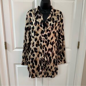 Leopard Print Satin Button Down Shirt Dress